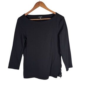 Ralph Lauren Black Boatneck Top L Cotton Blend 3/4 Sleeve Tie Side Chic Classic